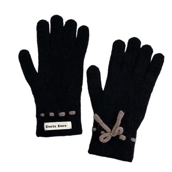 Warm Bow Knit Gloves - Black - Other