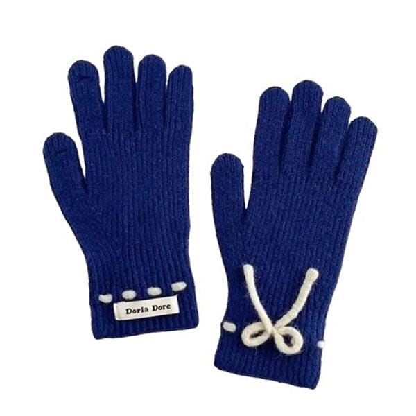 Warm Bow Knit Gloves - Blue - Other