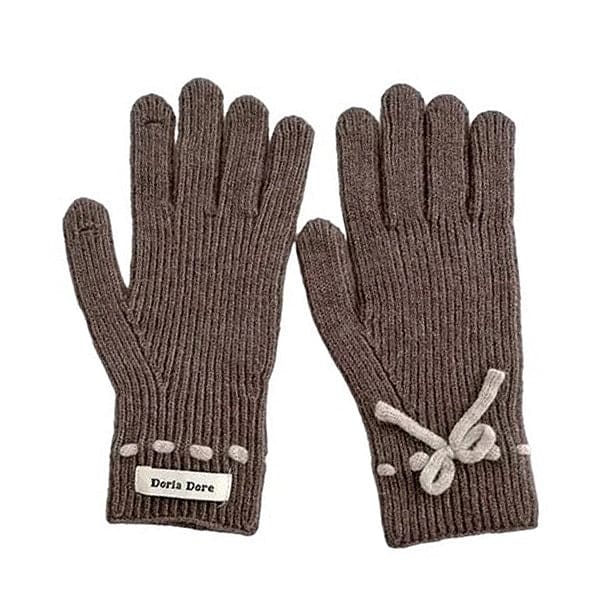 Warm Bow Knit Gloves - Brown - Other