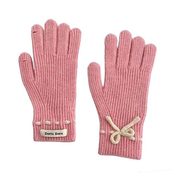 Warm Bow Knit Gloves - Pink - Other