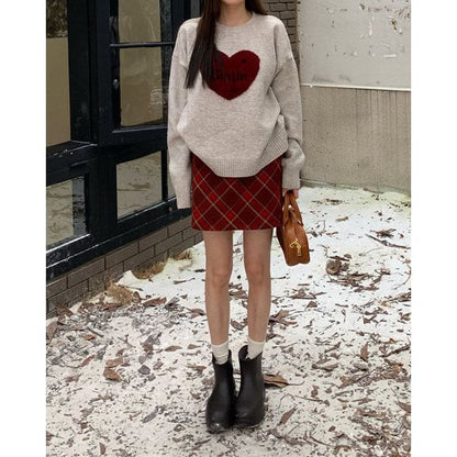 Warm Red Heart Sweater - Free Size / Grey/red - Sweater