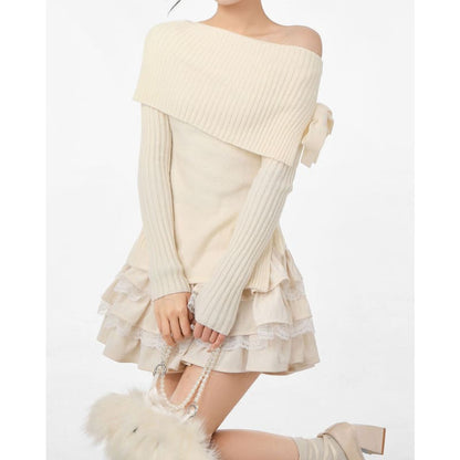 White Bow Knit Shoulder Sweater - Sweater