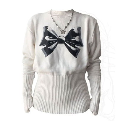 White Knit Bow Jumper - Free Size / White - Sweater