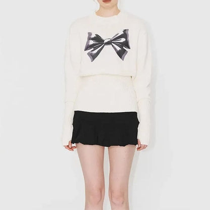 White Knit Bow Jumper - Free Size / White - Sweater