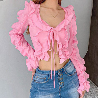 Y2K Pink Ruffle Cardigan - S / Pink - Tops