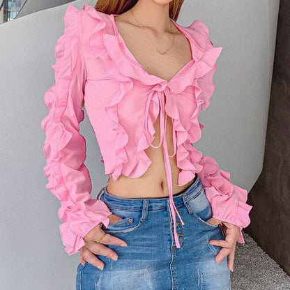 Y2K Pink Ruffle Cardigan - Tops