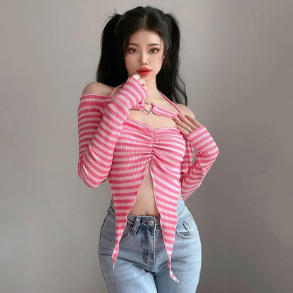 Y2K Pink Striped Top - Free Size / Pink - Tops