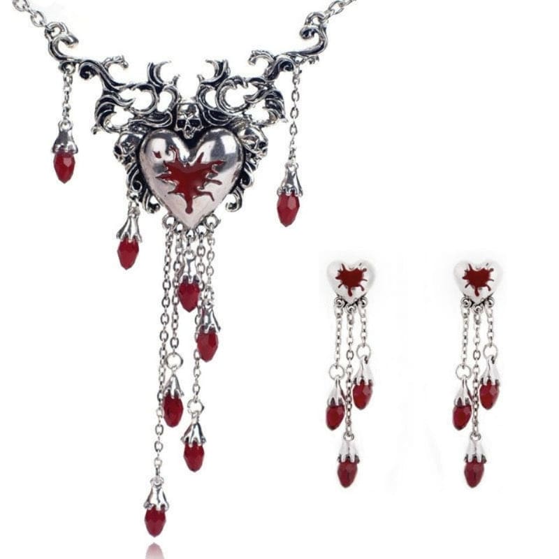 Y2K Skeleton Red Heart Necklace - necklace+earrings