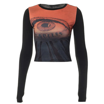 Y2K Eye Print Mesh Top SpreePicky