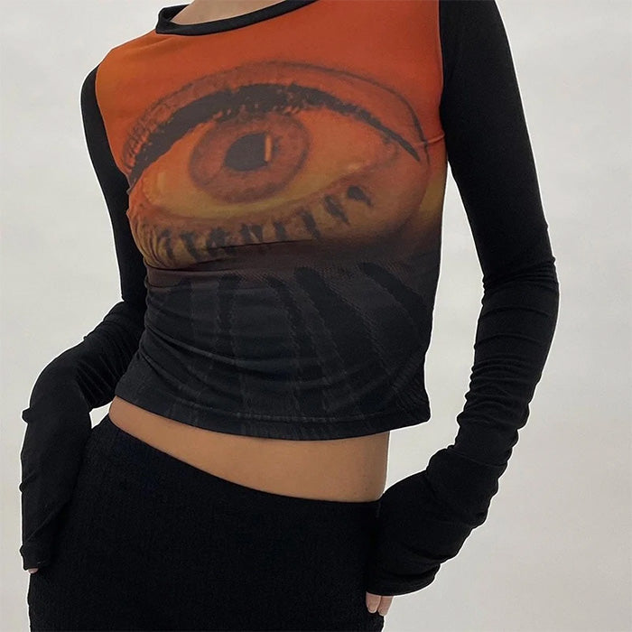 Y2K Eye Print Mesh Top SpreePicky