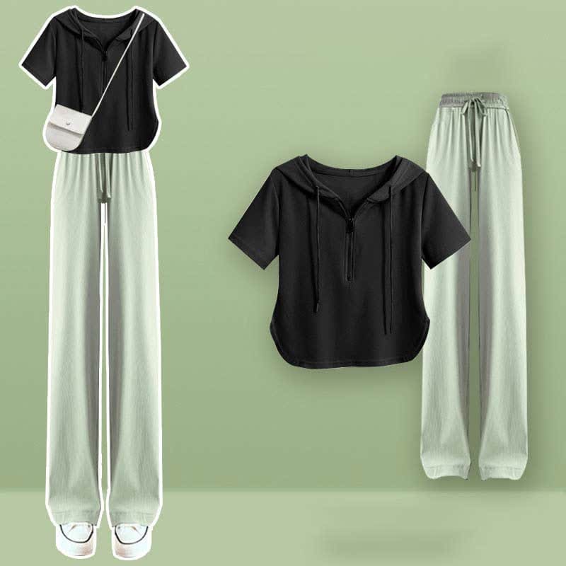 Zipper Draw String T-Shirt Casual Wide Leg Pants - Black