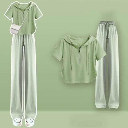 Zipper Draw String T-Shirt Casual Wide Leg Pants - Green