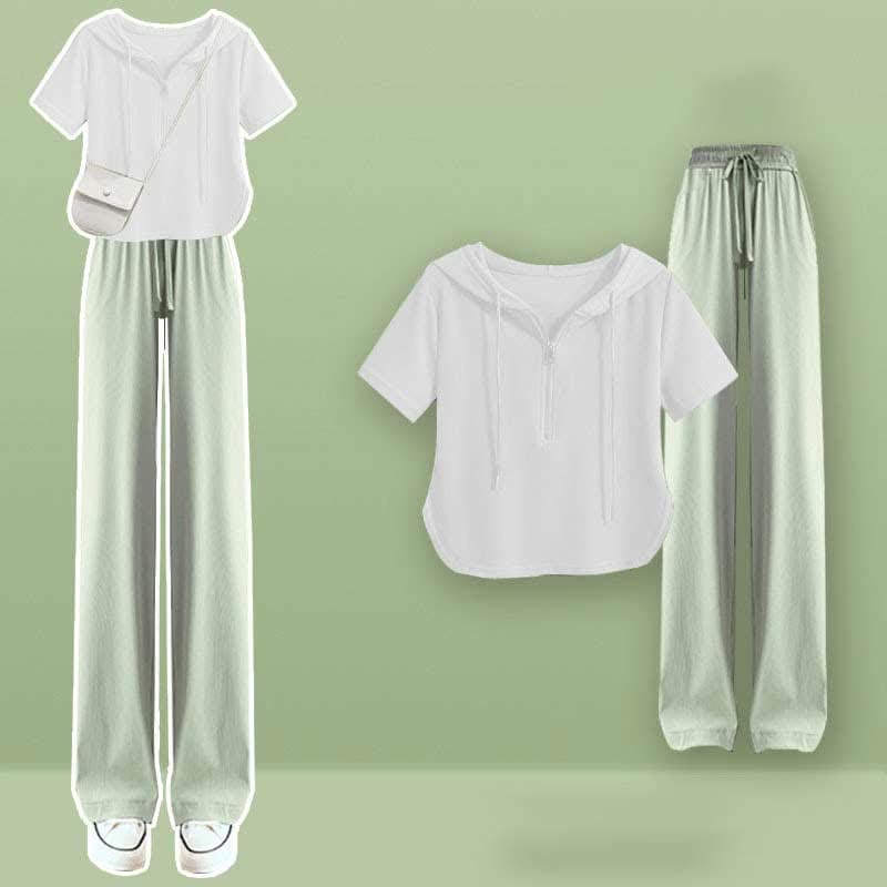 Zipper Draw String T-Shirt Casual Wide Leg Pants - White