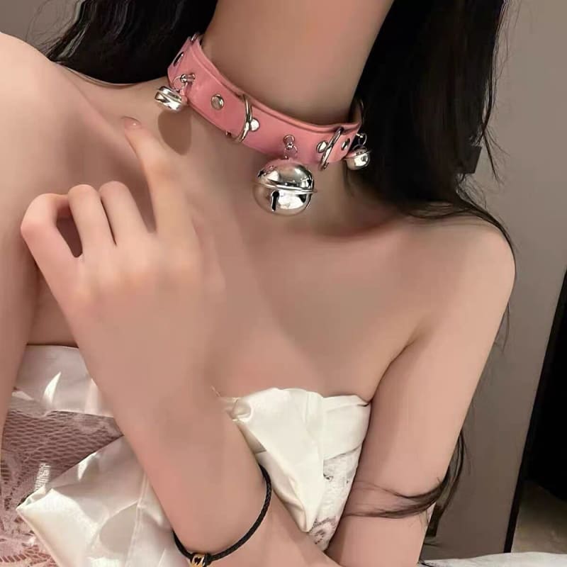 3 Colors Choker Bells and Leash ON577 - Pink collar