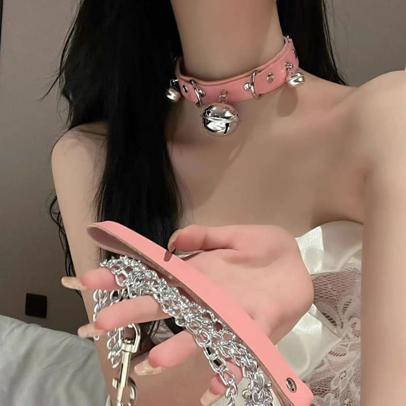 3 Colors Choker Bells and Leash ON577 - Pink+traction rope