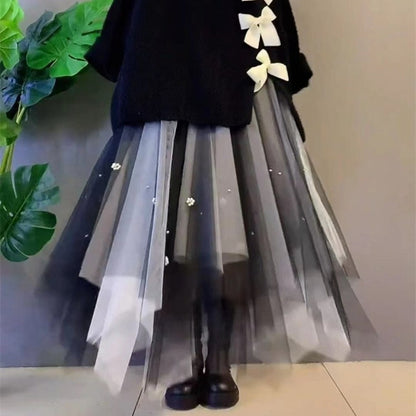 Bow Knot Decor Split Sweater Tulle Skirt Two Pieces Set ON241 - Egirldoll