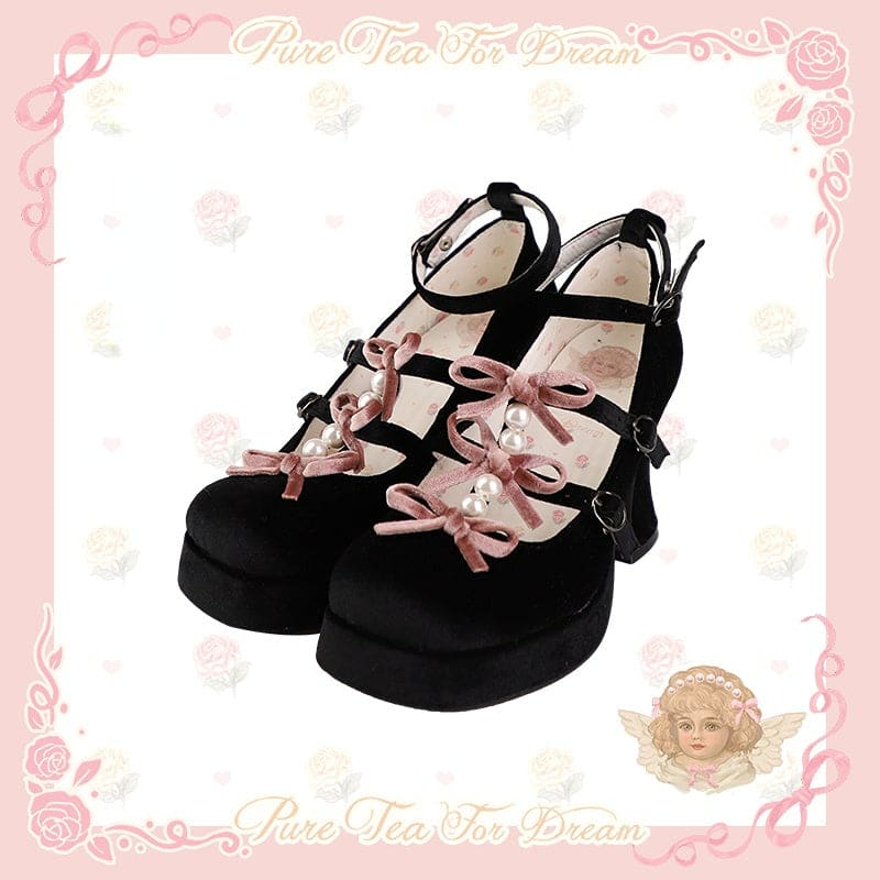 6 Colors Kawaii Velvet Elegant Bow Shoes ON611 - Black pink.