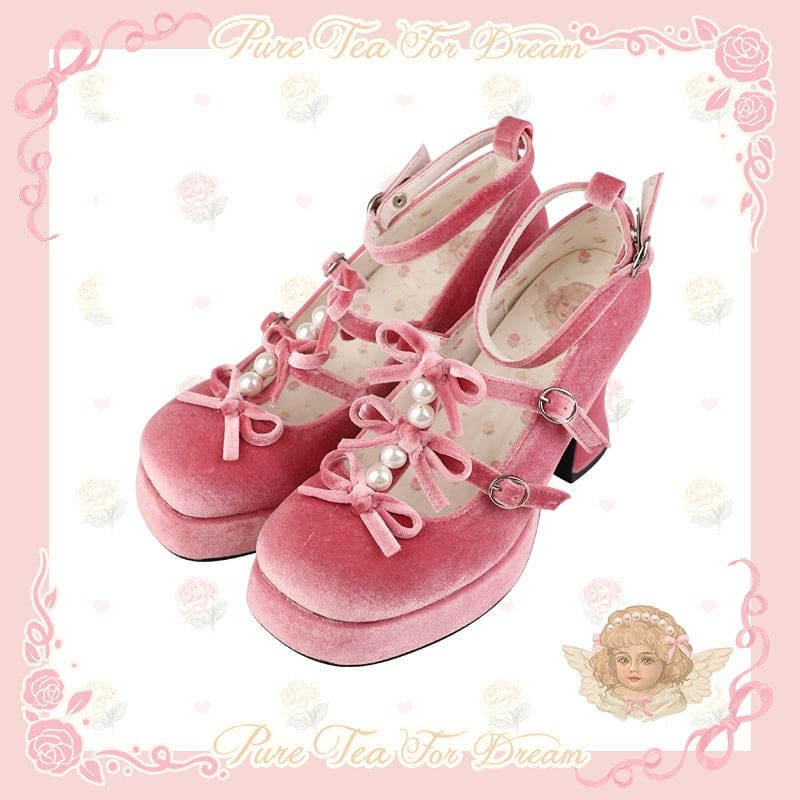 6 Colors Kawaii Velvet Elegant Bow Shoes ON611 - Peach pink