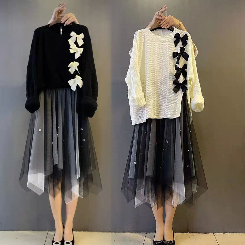 Bow Knot Decor Split Sweater Tulle Skirt Two Pieces Set ON241 - Egirldoll