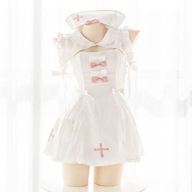 Anime Lovely White Nurse Sweet Cute Bow Uniform Lingerie Suit BE313 - Egirldoll