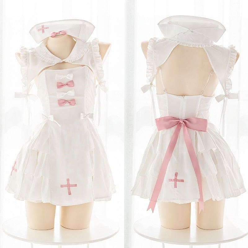 Anime Lovely White Nurse Sweet Cute Bow Uniform Lingerie Suit BE313 - Egirldoll
