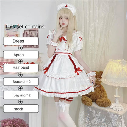 Anna White Red Nurse Maid Dress ON651 - M / Set (with stock)