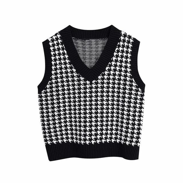 Ares - Houndstooth Knitted Sweater Vest - Egirldoll
