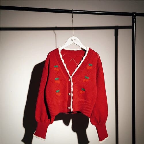 Beige/Red/Black Korean Cherry Embroidery Short Knitted Cardigan Sweater BE409 - Egirldoll