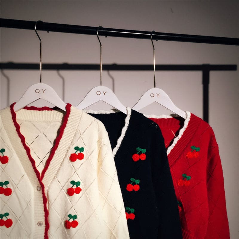 Beige/Red/Black Korean Cherry Embroidery Short Knitted Cardigan Sweater BE409 - Egirldoll