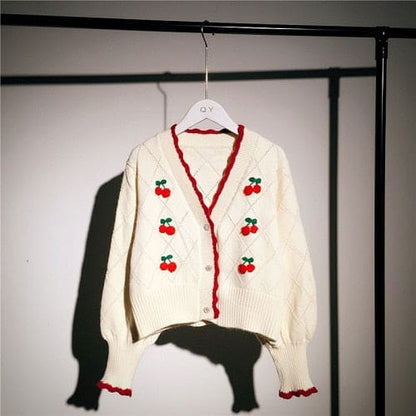 Beige/Red/Black Korean Cherry Embroidery Short Knitted Cardigan Sweater BE409 - Egirldoll