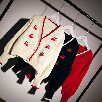 Beige/Red/Black Korean Cherry Embroidery Short Knitted Cardigan Sweater BE409 - Egirldoll