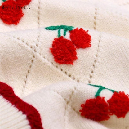 Beige/Red/Black Korean Cherry Embroidery Short Knitted Cardigan Sweater BE409 - Egirldoll