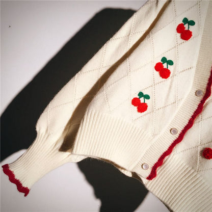 Beige/Red/Black Korean Cherry Embroidery Short Knitted Cardigan Sweater BE409 - Egirldoll