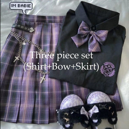 Black Blouse Purple Bow Plaid Skirt JK School Uniforms Three Piece Set EG16133 - Egirldoll