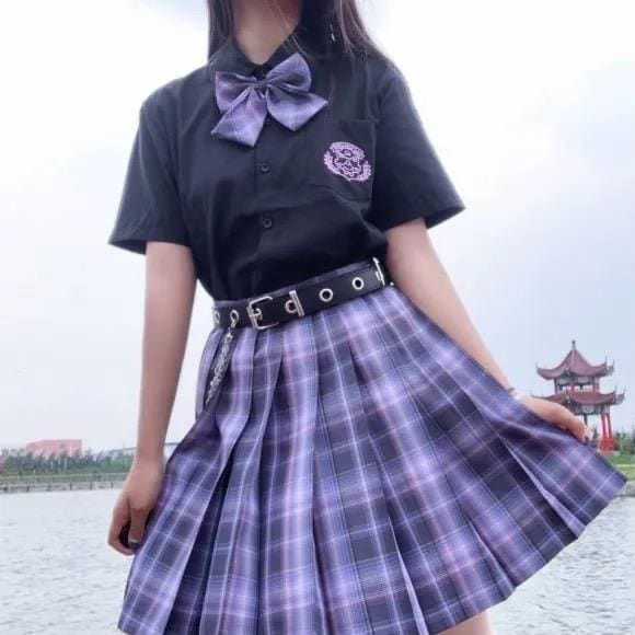 Black Blouse Purple Bow Plaid Skirt JK School Uniforms Three Piece Set EG16133 - Egirldoll