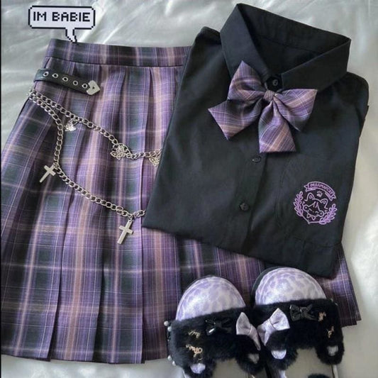 Black Blouse Purple Bow Plaid Skirt JK School Uniforms Three Piece Set EG16133 - Egirldoll