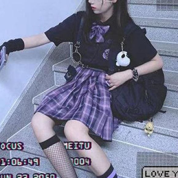 Black Blouse Purple Bow Plaid Skirt JK School Uniforms Three Piece Set EG16133 - Egirldoll