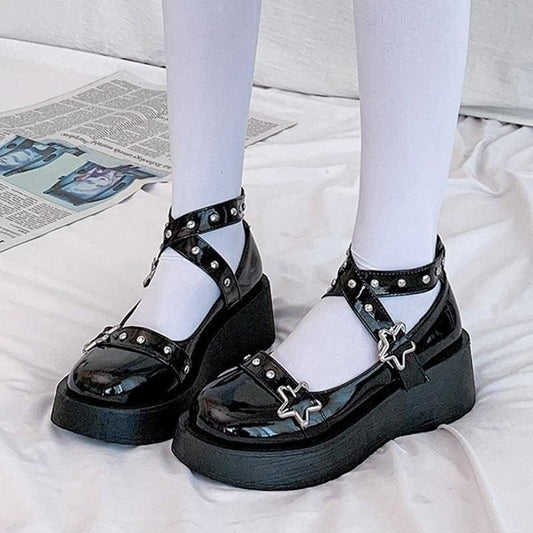 Black eGirl Punk Style Stars Cute Shoes EE0909 - Egirldoll