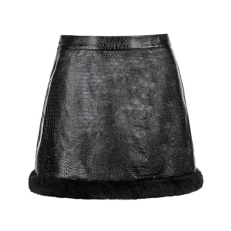 Black Furry-edged PU Leather Skirt SE0709 - Egirldoll