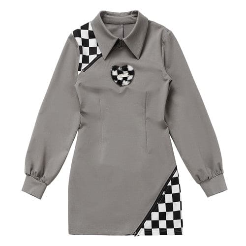 Black Gray Lovely Heart Checker Detail Dress ON597 - Grey /