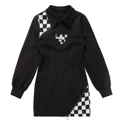 Black Gray Lovely Heart Checker Detail Dress ON597 - Black /