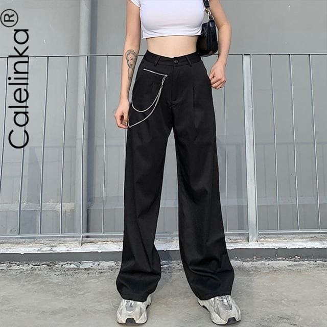 Black Loose Straight Trousers with chain - Egirldoll
