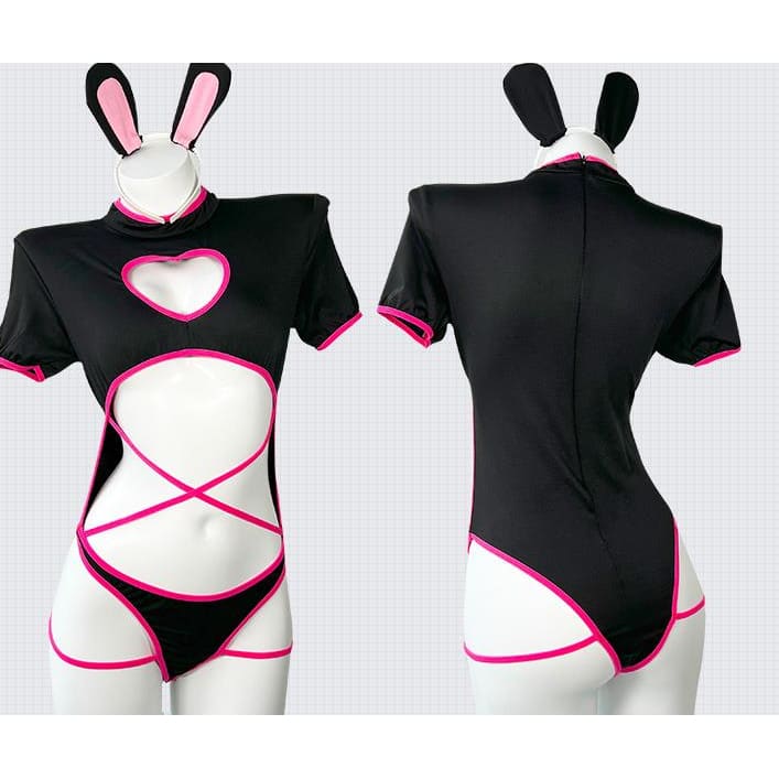 Black Pink Hollow Heart Cute One Piece Set ON489 - Black /