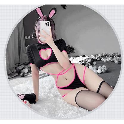 Black Pink Hollow Heart Cute One Piece Set ON489 - Black /