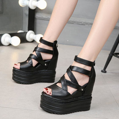 Black Platform Cross Casual Sandals EE0863 - Egirldoll