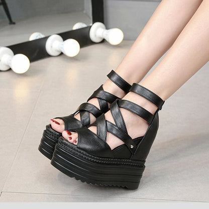 Black Platform Cross Casual Sandals EE0863 - Egirldoll