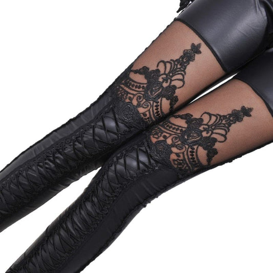 Black Punk Stitching Lace Stretch Skinny Faux Leather Leggings Pants EG16831 - Egirldoll