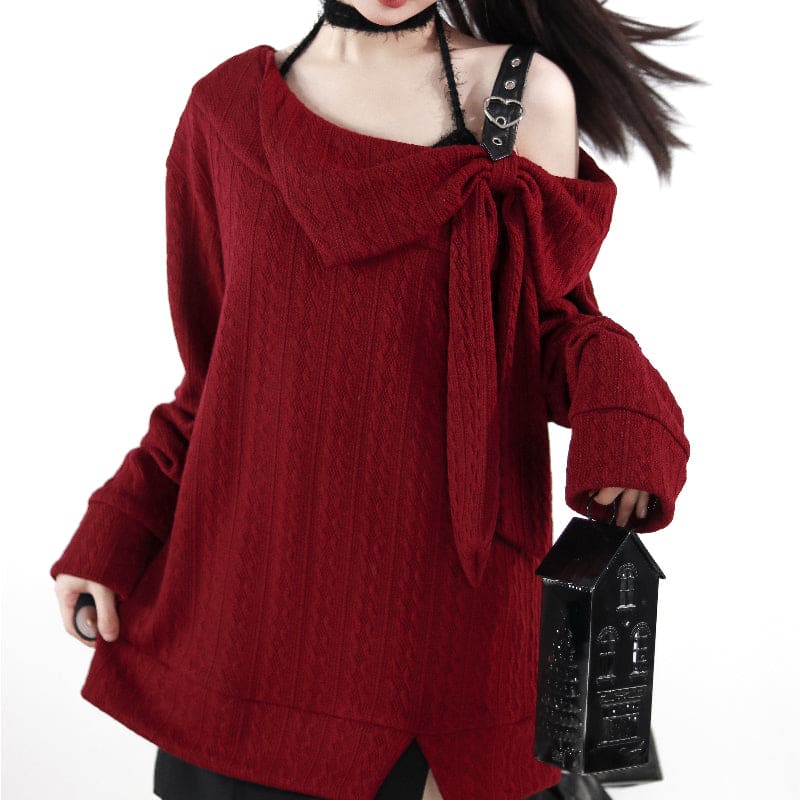 Black Red Knitting Sweater Off shoulder Two Pieces ON596 -