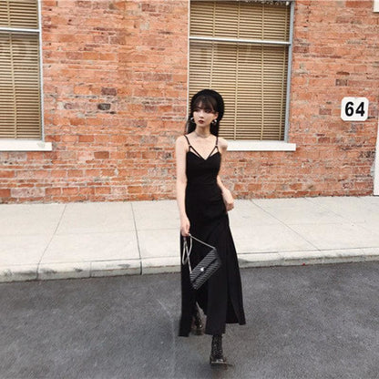 Black V-Neck Strap Open Leg Slit Long Dress EE0904 - Egirldoll