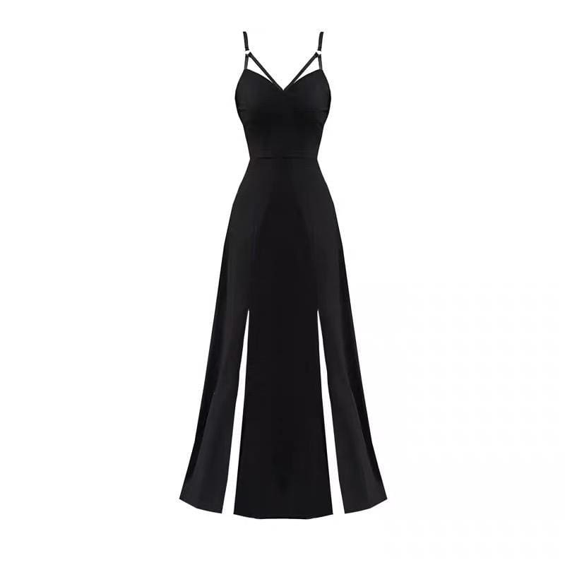 Black V-Neck Strap Open Leg Slit Long Dress EE0904 - Egirldoll